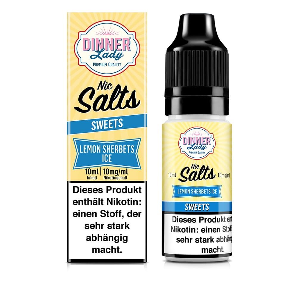 Liquid Lemon Sherbets Ice mit 10mg Nikotin von Dinner Lady Dinner Lady Nikotinsalz Lemon Sherbets Ice 10mg Flasche und Verpackung mit Warnhinweis über den Nikotingehalt und das Abhängigkeitsrisiko.