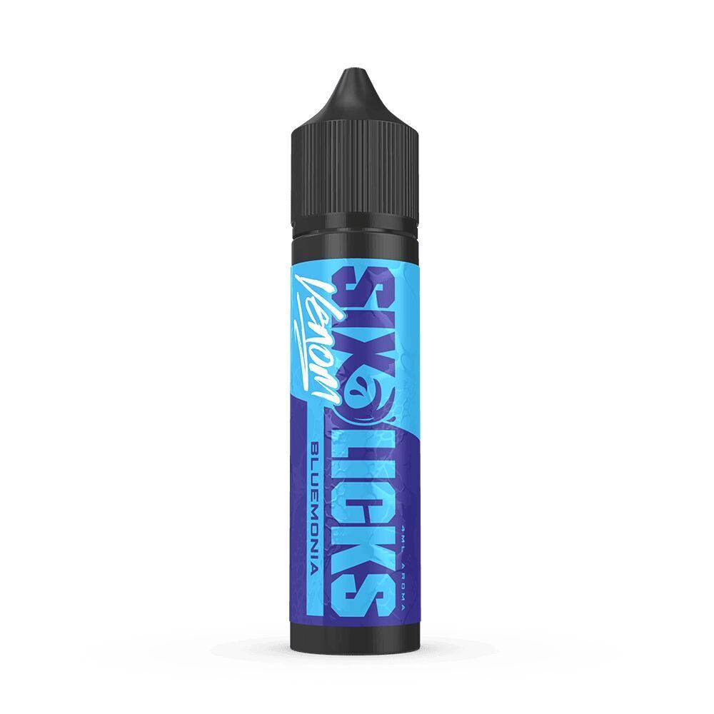 Six Licks Venom Aroma - Bluemonia Eine Flasche Six Licks Venom Aroma Bluemonia mit blauem Etikett und schwarzem Deckel.