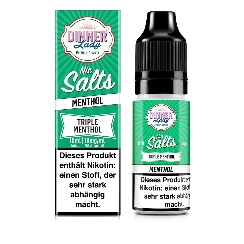 Liquid Triple Menthol mit 10mg Nikotin von Dinner Lady Dinner Lady Nikotinsalz Triple Menthol 10mg Flasche mit Verpackung, 10ml Inhalt, enthält Nikotin, Warnhinweis auf Abhängigkeit.