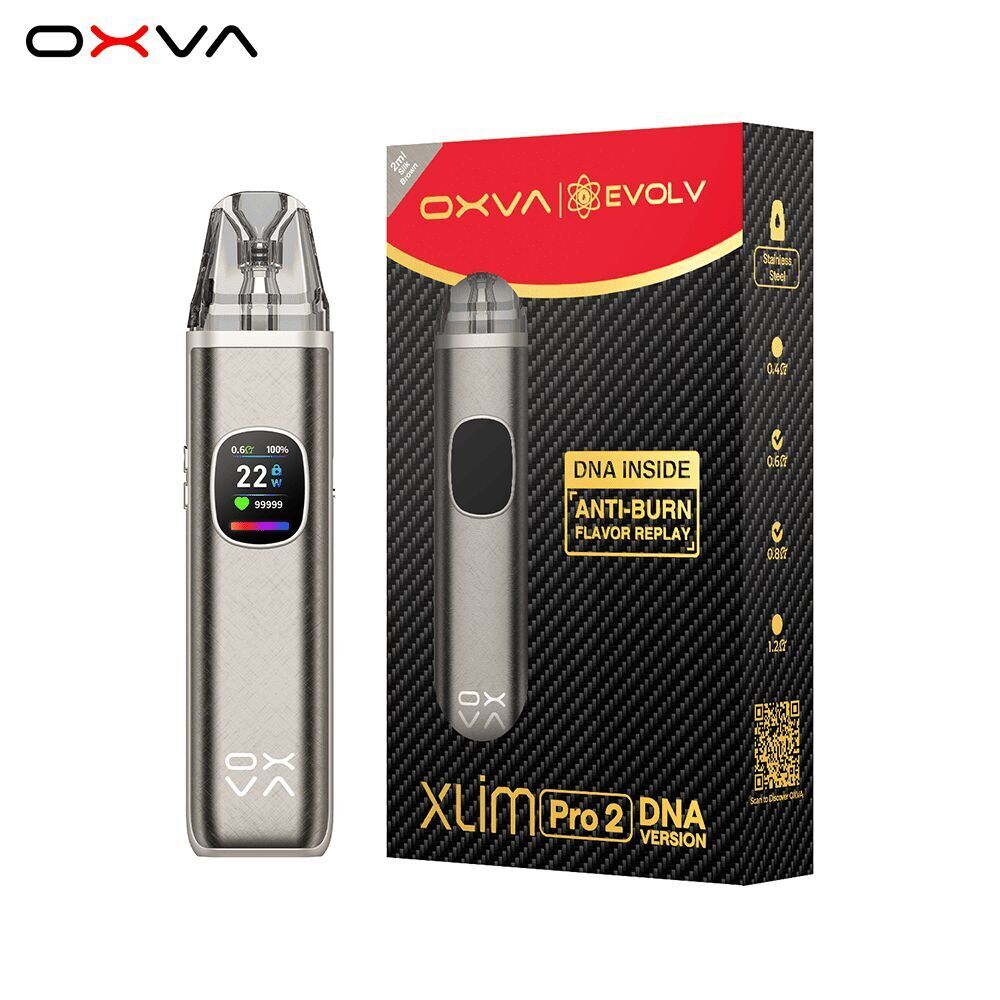 Oxva Xlim Pro 2 DNA Pod Kit - Silk Brown Oxva Xlim Pro 2 DNA Pod Kit in Silk Brown, zeigt das Gerät und die Verpackung mit Displayanzeige und Schriftzug "DNA Inside".