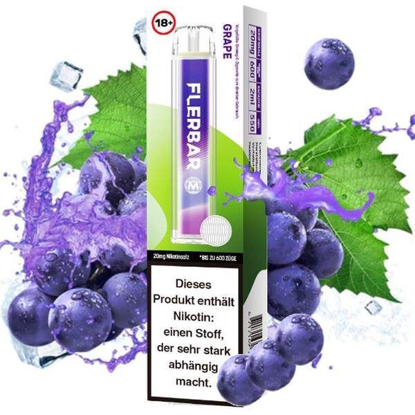 Grape mit 20mg Nikotin Flerbar E-Shisha Flerbar Grape 20mg E-Zigarette neben saftigen roten Trauben, Spritzern lila Flüssigkeit und grünen Blättern, enthält Nikotin, Warnhinweis sichtbar