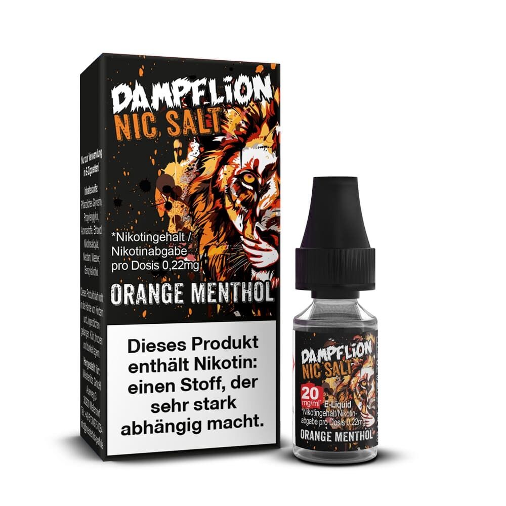 Liquid Orange Menthol mit 20mg Nikotin von Dampflion Intense Dampflion Intense Nikotinsalz E-Liquid in Orange Menthol, 20 mg/ml, vor einer Verpackung mit Löwendesign und Nikotinwarnhinweis.