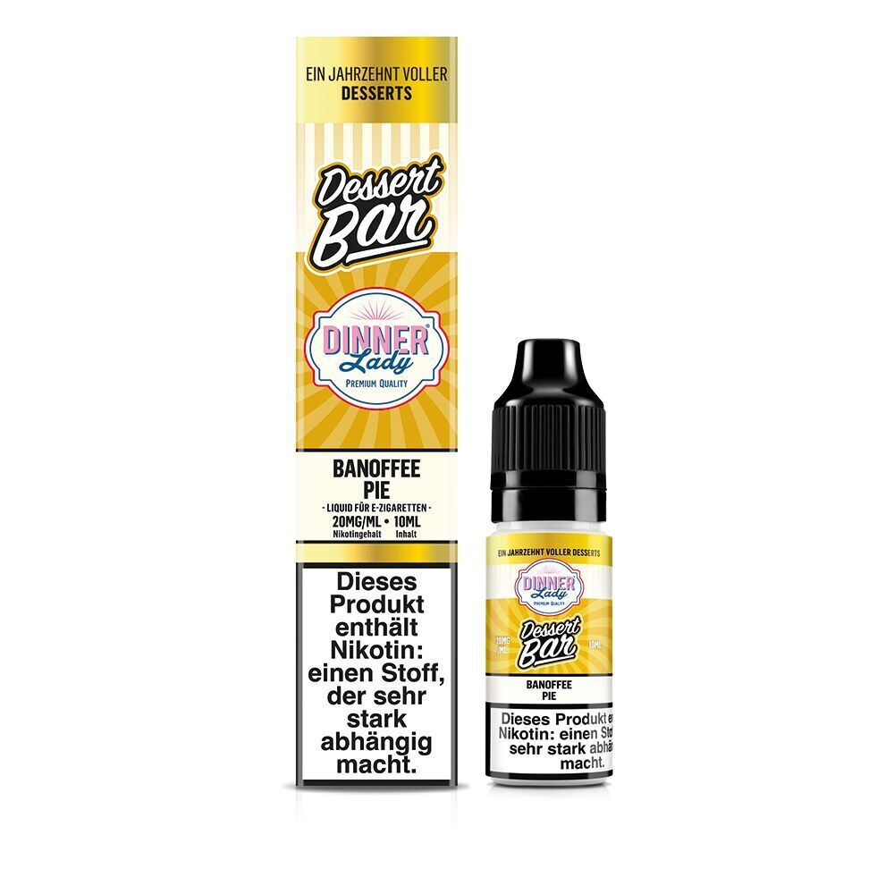 Liquid Banoffee Pie 20mg - Dinner Lady Nikotinsalz Vape-Flasche und Verpackung von Dinner Lady Dessert Bar mit der Geschmacksrichtung Banoffee Pie, Nikotinsalz 20mg/ml, 10ml Inhalt.