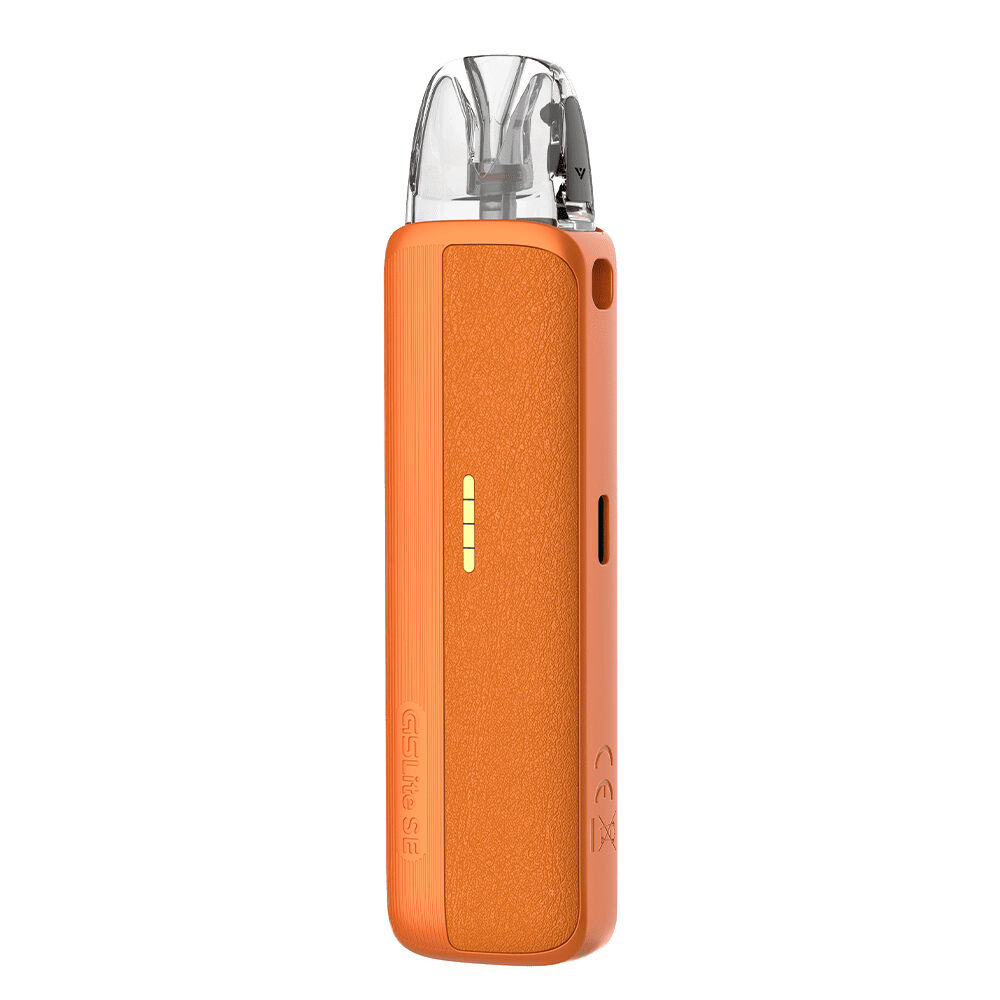 Uwell Caliburn G5 Lite SE Pod Kit Uwell Caliburn G5 Lite SE Pod Kit in Orange mit Lederoberfläche, sichtbaren Ladestandsanzeigen und klarer Mundstückkappe.