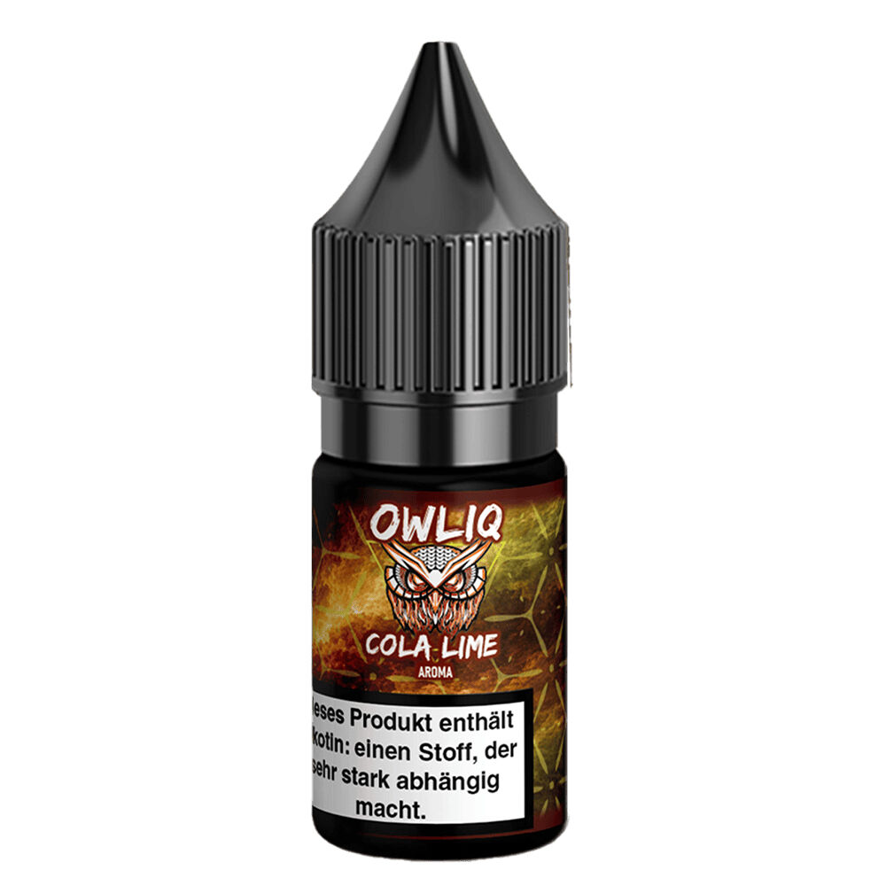 Owliq Nikotinsalz - Cola Lime Owliq Nikotinsalz-Flasche mit Cola Lime Aroma, schwarzer Verschluss, halbtransparente Etikettierung und Warnhinweis zu Nikotin-Abhängigkeit