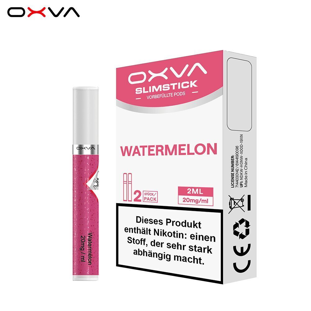 Oxva Slimstick Pods Watermelon - 20mg Nikotinsalz Oxva Slimstick Pods in der Verpackung Watermelon 20mg mit Warnhinweis über Nikotingehalt, geeignet für 2ml Pods, 20mg/ml.