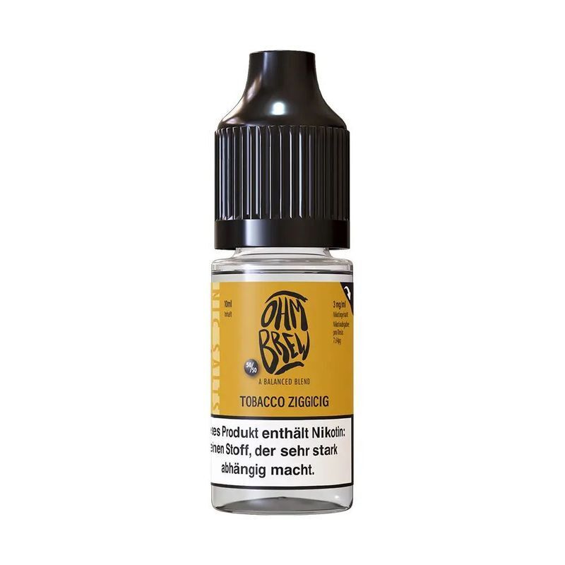 Liquid Tobacco Ziggicig mit 3mg Nikotin von Ohm Brew Ohm Brew Nikotinsalz 3mg Flasche mit schwarzem Deckel und gelbem Etikett, das den Namen und Warnhinweis zum Nikotingehalt zeigt.