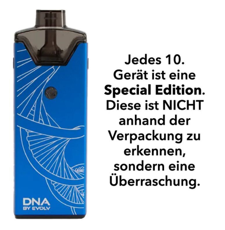 Evolv Reflex Pod Kit in Blau mit Siebdruckmuster und dem Text "DNA by Evolv", daneben Hinweis auf eine Special Edition Überraschung.