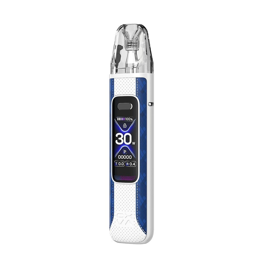 Oxva Xlim Pro 3 Pod Kit in Sky Blue mit digitalem Display, zeigt 30W Leistung, Schwarz-Weiß-Screen und transparente Mundstück-Kappe.