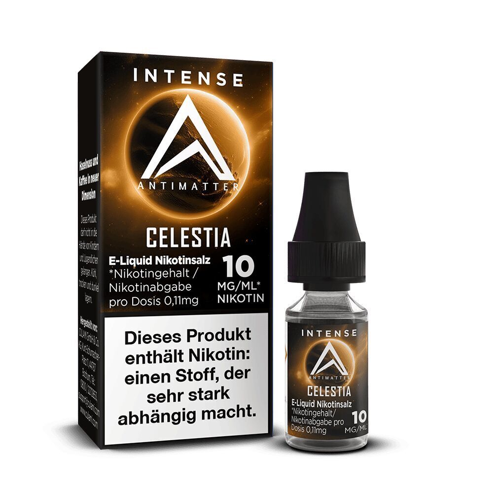 Antimatter Intense Nikotinsalz Celestia E-Liquid mit 10 mg/ml Nikotingehalt, Flasche neben Verpackung mit Warnhinweis zur Abhängigkeit.