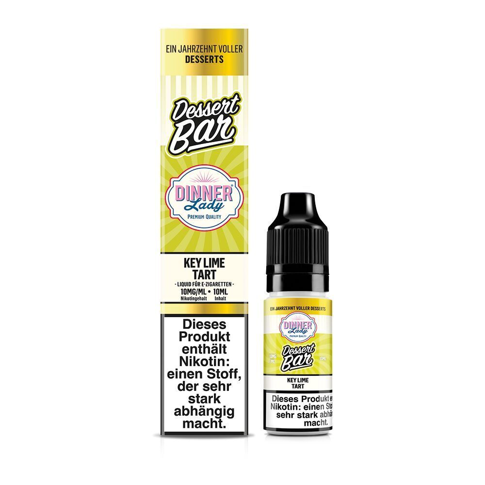 Liquid Key Lime Tart 10mg - Dinner Lady Nikotinsalz Dinner Lady Dessert Bar Key Lime Tart Nikotinsalz-Flasche und Verpackung mit Hinweisen zu Nikotin und Produktstärke.