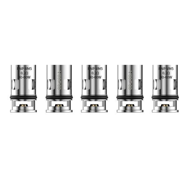 Voopoo PnP-Vm5 0,2 Ohm Coils 5 Stk. Fünf silberne Voopoo PnP-Vm5 0,2 Ohm Verdampferköpfe nebeneinander, markiert mit "PnP-VM5" und "10-60W" auf weißem Hintergrund.