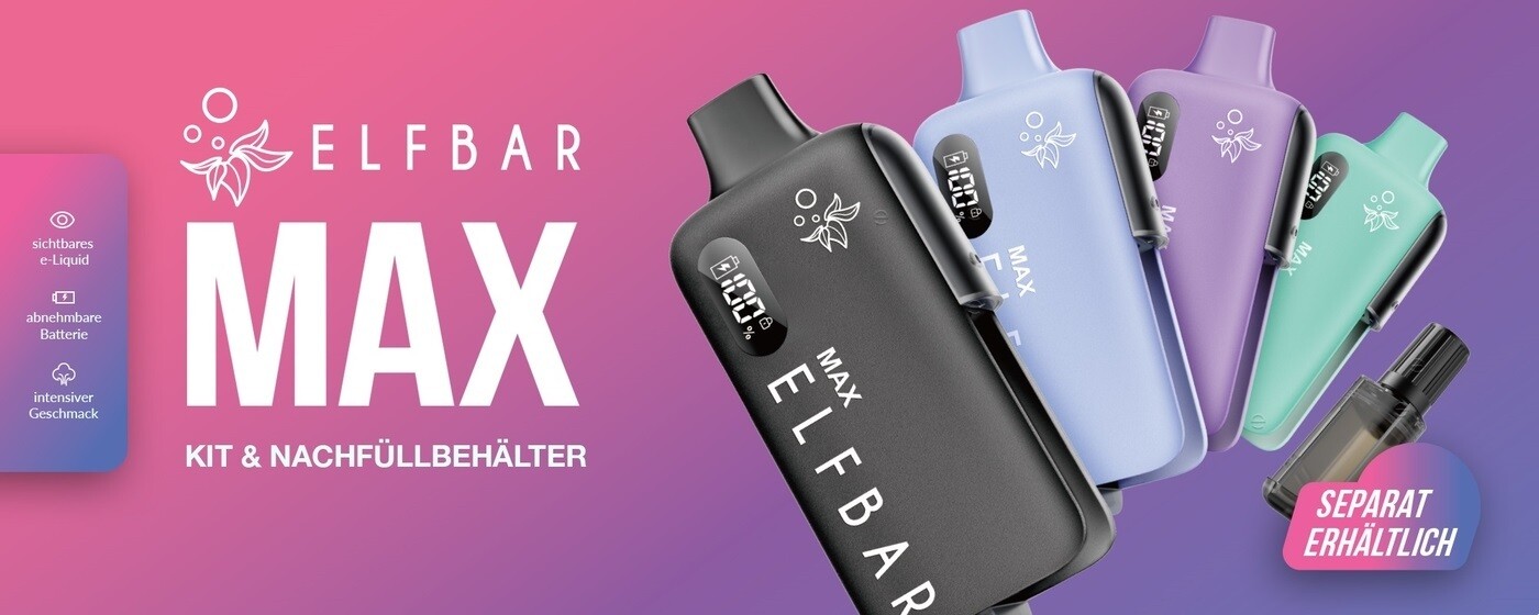 Elfbar Max Pod Kit E-Zigaretten in allen Farben und ein leerer Liquid Pod