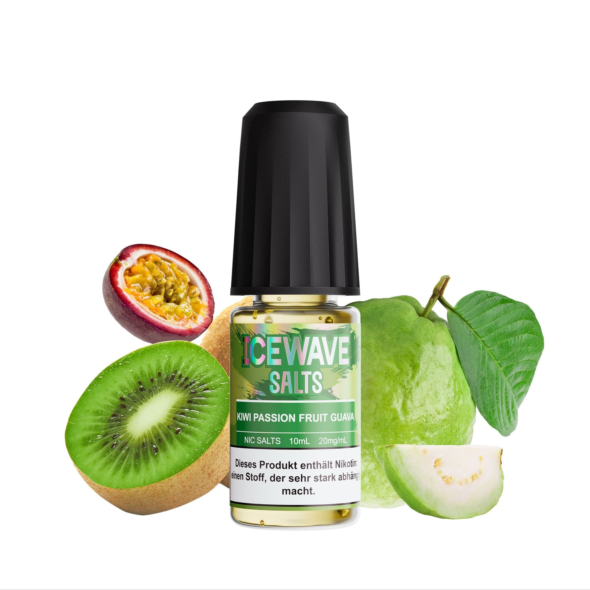 Icewave Nikotinsalz - Kiwi Passion Fruit Guava 20mg Icewave Nikotinsalz-Flasche mit schwarzen Deckel, umgeben von halber Kiwi, aufgehaltener Passionsfrucht und Guave, auf weißem Hintergrund.