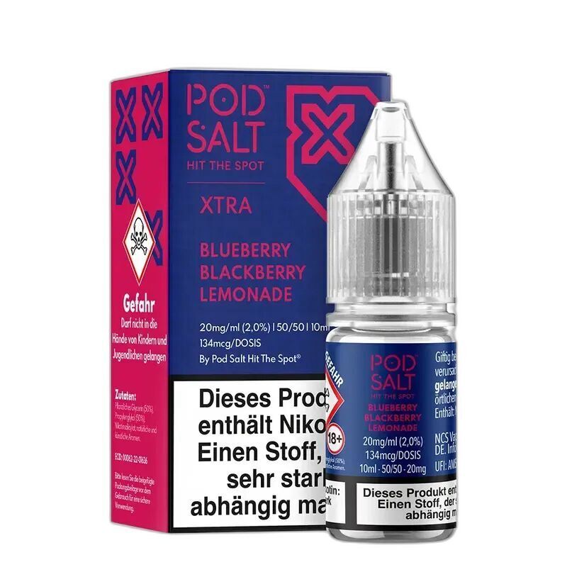 Liquid Blueberry Blackberry Lemonade mit 20mg Nikotin von Pod Salt Xtra Pod Salt Xtra Nikotinsalz Blueberry Blackberry Lemonade 20mg, blauer Karton mit Gefahrenhinweis, Nikotin warnt vor Abhängigkeit.