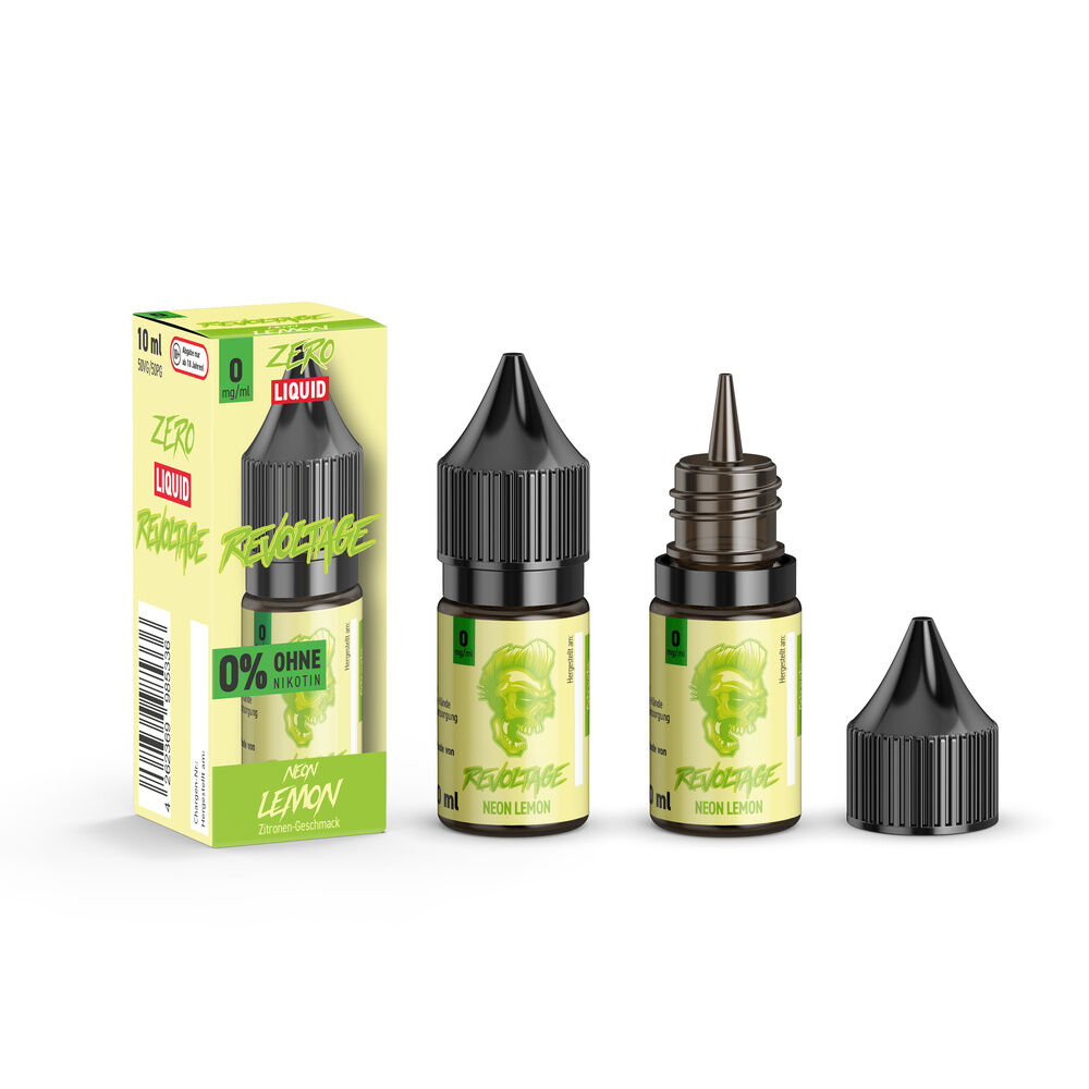 revoltage-hybrid-liquid-neon-lemon-0mg_4 Zwei Flaschen Revoltage Hybrid Liquid Neon Lemon 0mg mit schwarzem Deckel vor einer Verpackung, Vorderseiten zeigen Zitronenmotiv und Text.