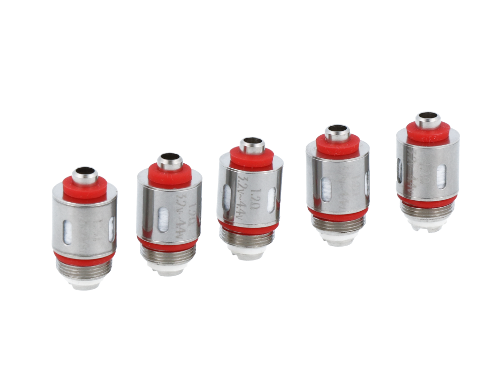 JustFog Ersatzverdampfer 1,2 Ohm S14 / G14 / C14 / Q14 / Q16 / Q16 Pro Fünf JustFog Verdampferköpfe 1,2 Ohm mit rotem Dichtungsring und Metallgehäuse, gleichmäßig auf weißem Hintergrund angeordnet.