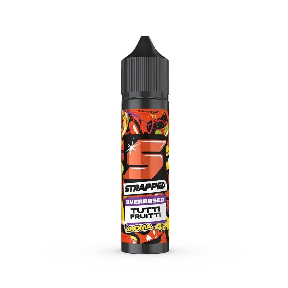 Aroma Tutti Fruitti - Strapped Strapped Aroma - Tutti Frutti Flasche mit farbenfrohem Design und deutlich sichtbarem Logo auf weißem Hintergrund