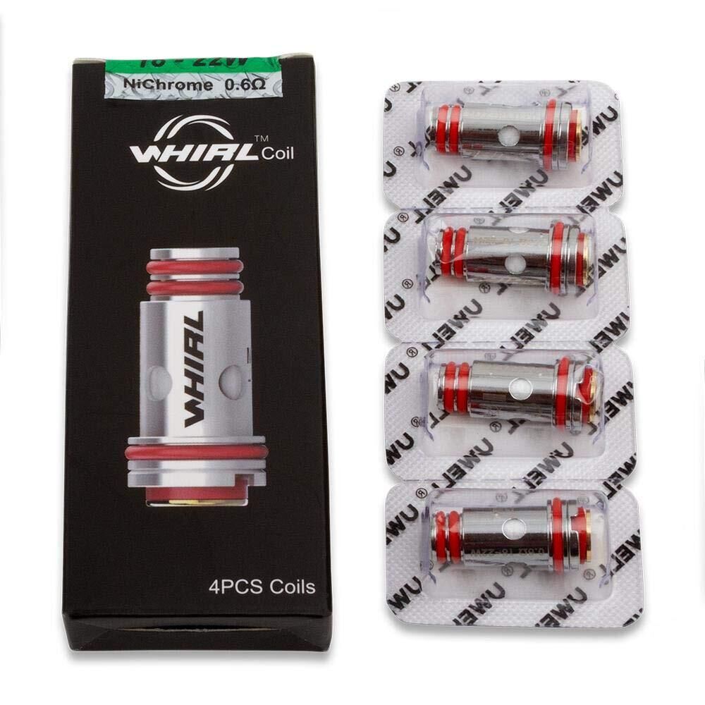 Verpackung der Uwell Whirl Coils mit vier Ersatzcoils, die in Blisterverpackungen angeordnet sind, Produktname und Details sichtbar