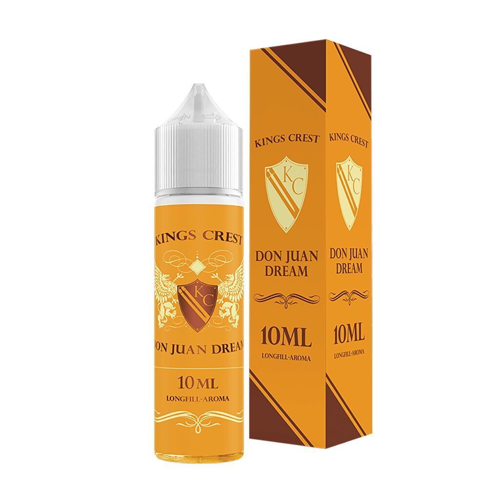 Kings Crest Aroma - Don Juan Dream Kings Crest Aroma Don Juan Dream Flasche und Karton, orange und braun gestaltet, 10 ml Longfill Aroma Branding sichtbar