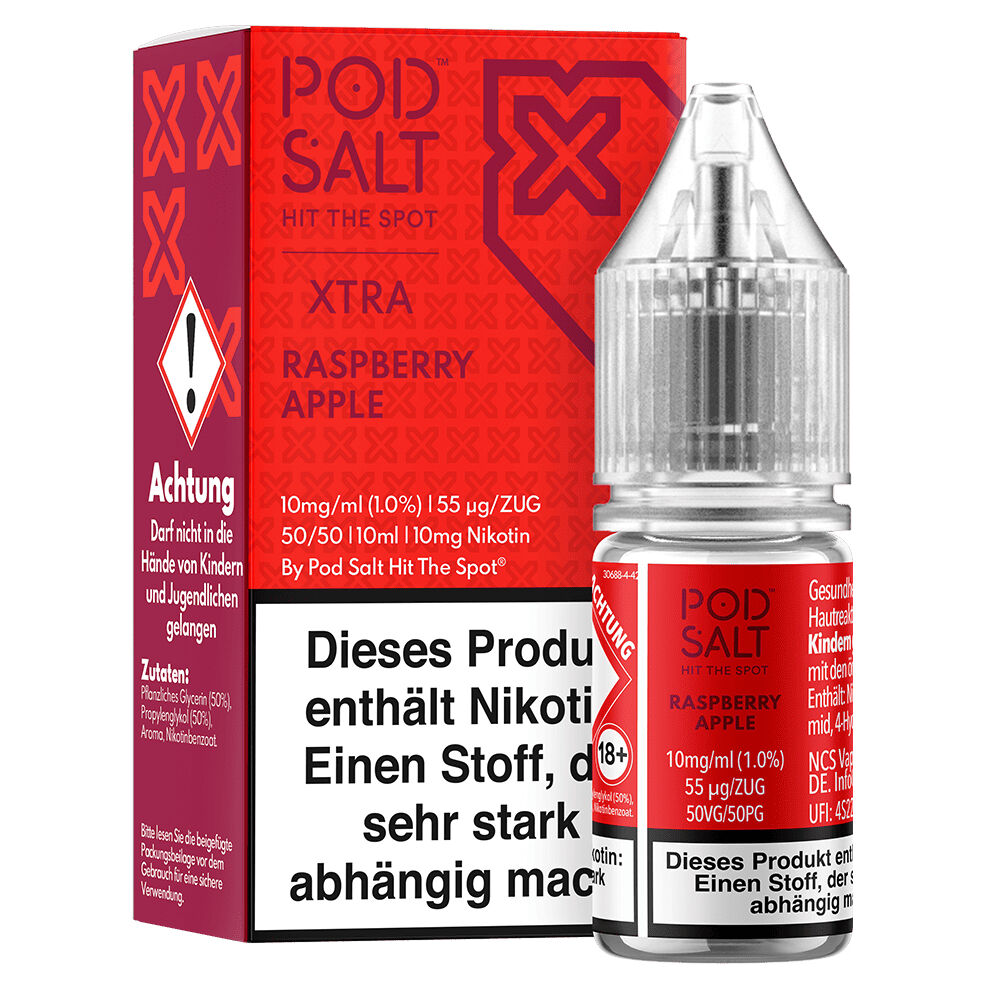 Pod Salt Xtra Nikotinsalz - Raspberry Apple Pod Salt Xtra Nikotinsalz Raspberry Apple 10mg Flasche und Verpackung mit Warnhinweisen und Inhaltsangaben.