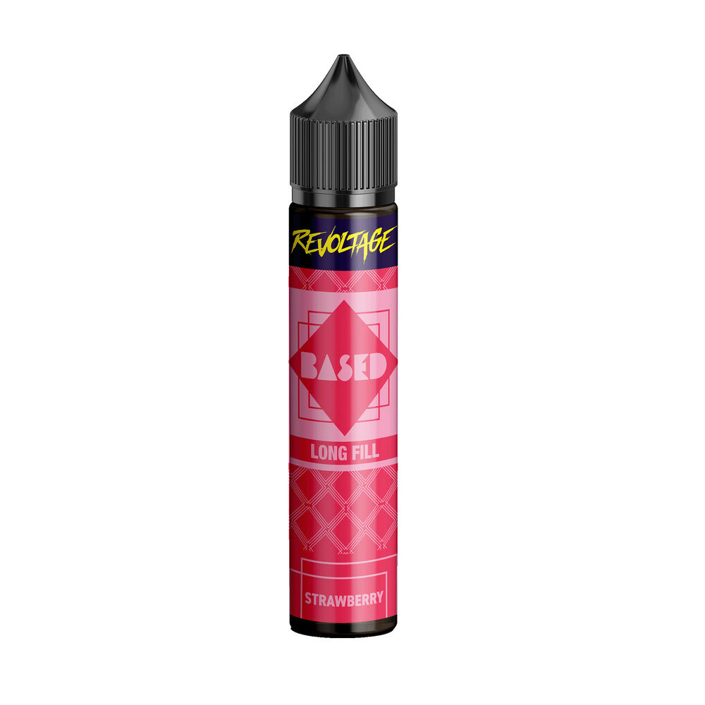 Revoltage Based Longfill Aroma-Flasche in Rot mit schwarzem Deckel, Aufschrift "BASED" und "STRAWBERRY", geometrisches Muster.