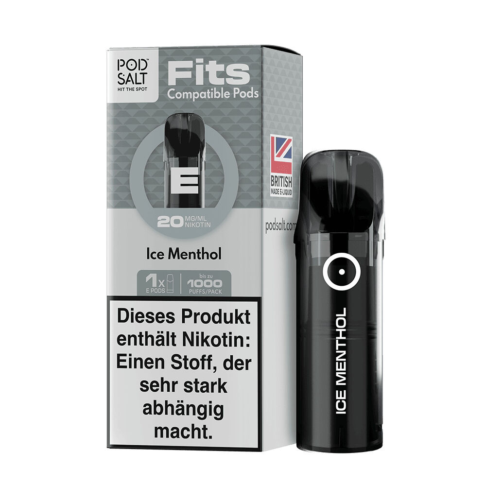 Pod Salt Fits Pods - Ice Menthol 20mg Pod Salt Fits Pods Ice Menthol 20mg Packung mit britischer Flagge, Enthält Nikotin-Warnung, schwarzer Pod mit ICE MENTHOL-Beschriftung