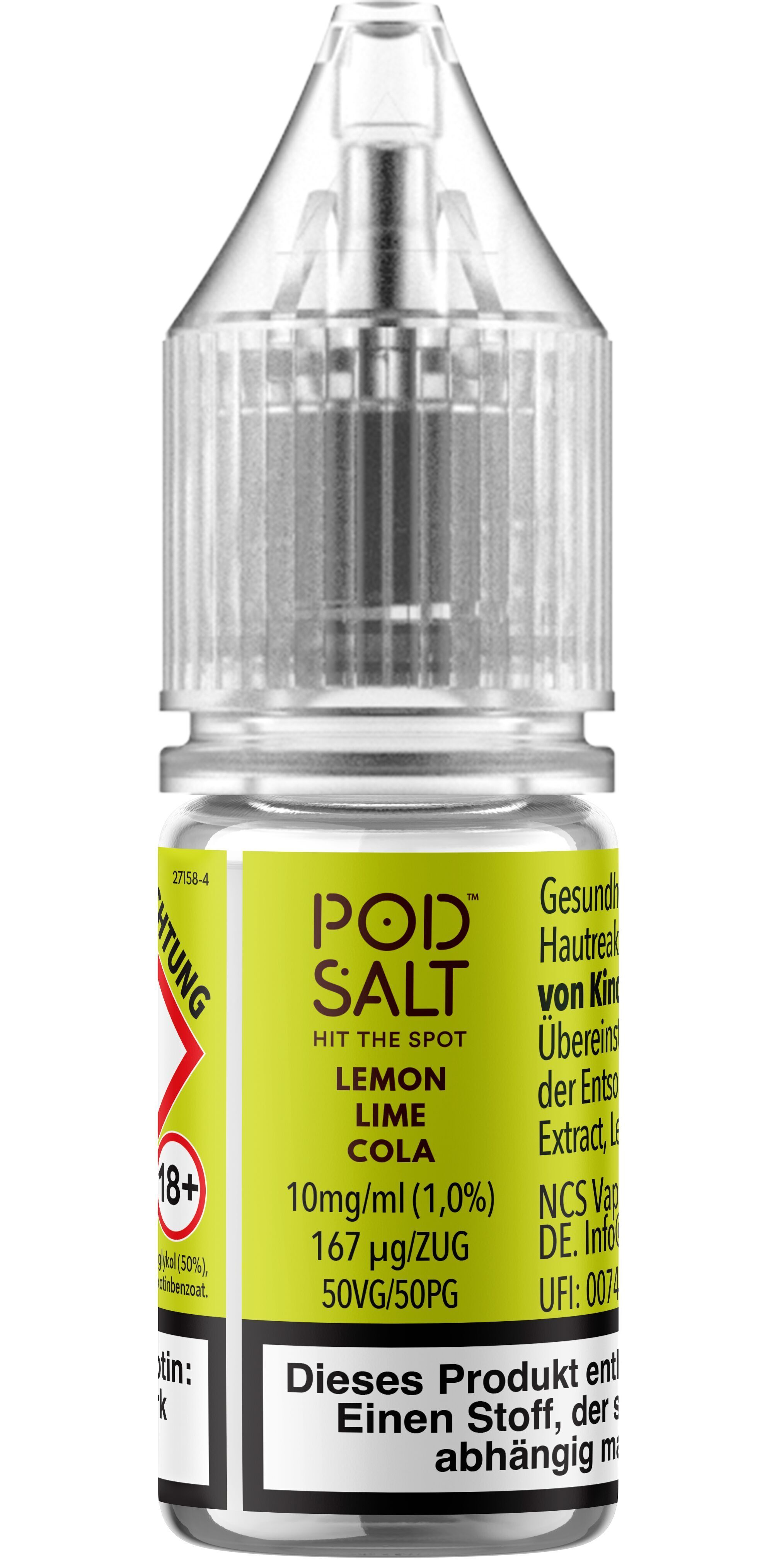 Liquid Lemon Lime Cola von Pod Salt Xtra Pod Salt Xtra Lemon Lime Cola Nikotinsalz-Flasche mit gelbem Etikett, 10mg/ml, Warnhinweise und Inhaltsstoffe aufgedruckt