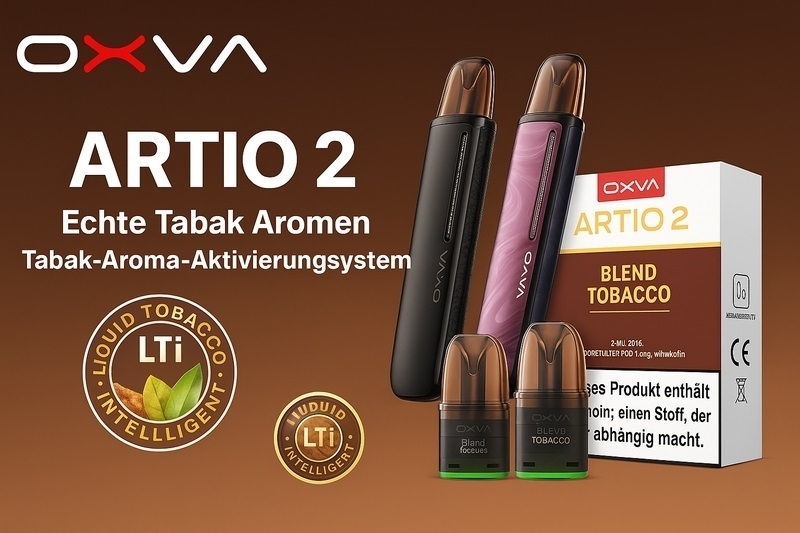 Oxva Artio 2 Banner mit Pods und Akkus auf einem braunen Hintergrund. Oxva Logo oben links.