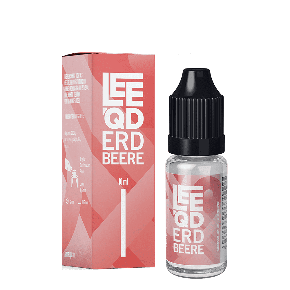Liquid Fruit Erdbeere 0mg - Leeqd Leeqd Liquid Fruit Erdbeere Box und Flasche, beide in Rot-Weiß, mit schwarzem Verschluss, zeigt Markenname klar auf beiden.