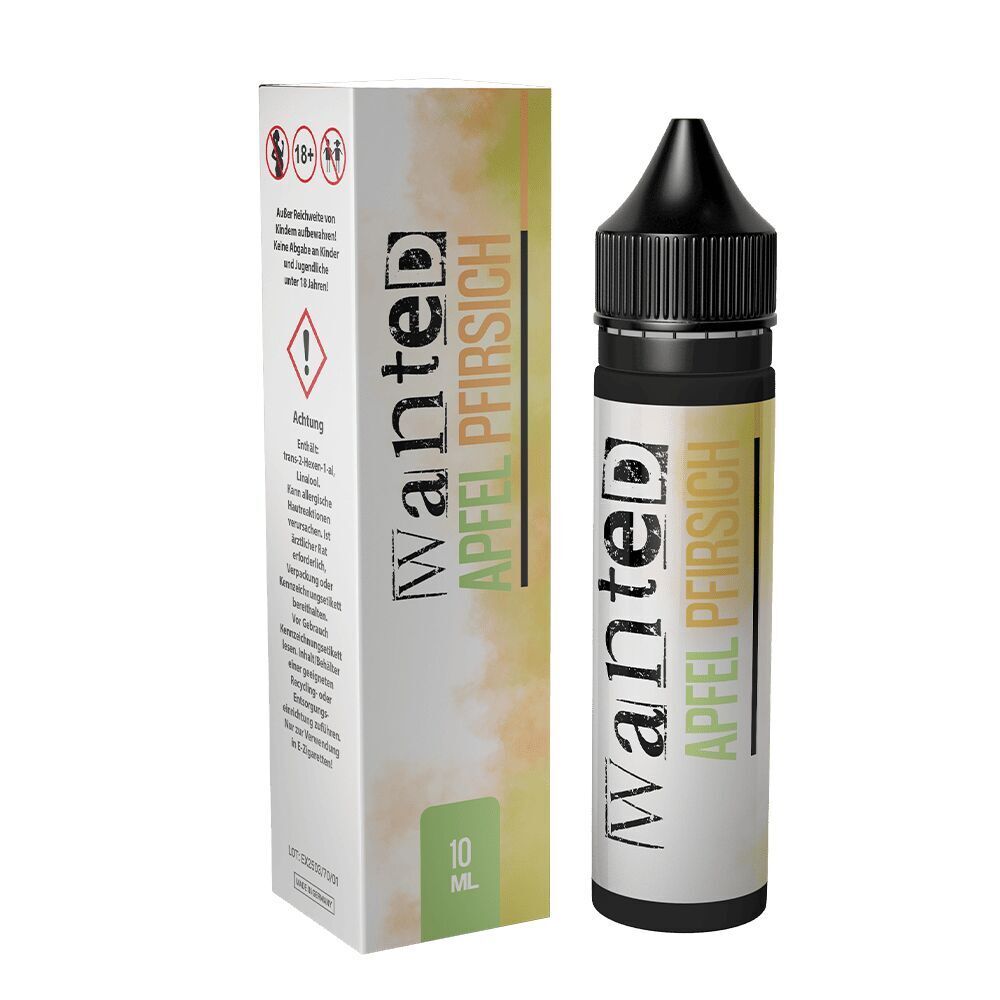 Aroma Apfel Pfirsich - Wanted Flasche und Verpackung von Wanted Aroma Apfel Pfirsich; 10 ml, Warnhinweise und Altersbeschränkung ab 18 sichtbar.
