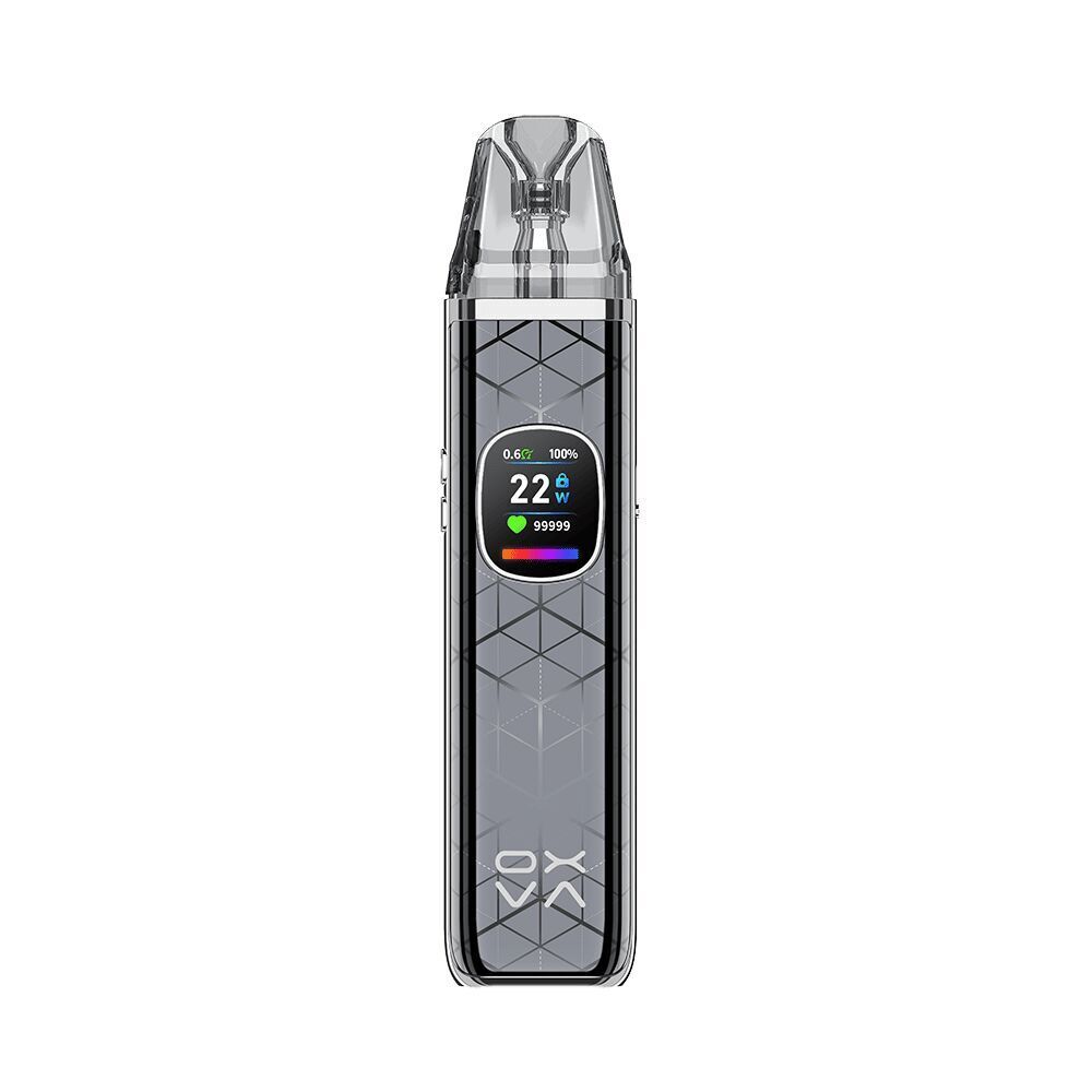 Oxva Xlim Pro 2 DNA Pod Kit - Nebula Gray Oxva Xlim Pro 2 DNA Pod Kit Nebula Gray mit Displayanzeige, geometrischem Muster und transparentem Mundstück.