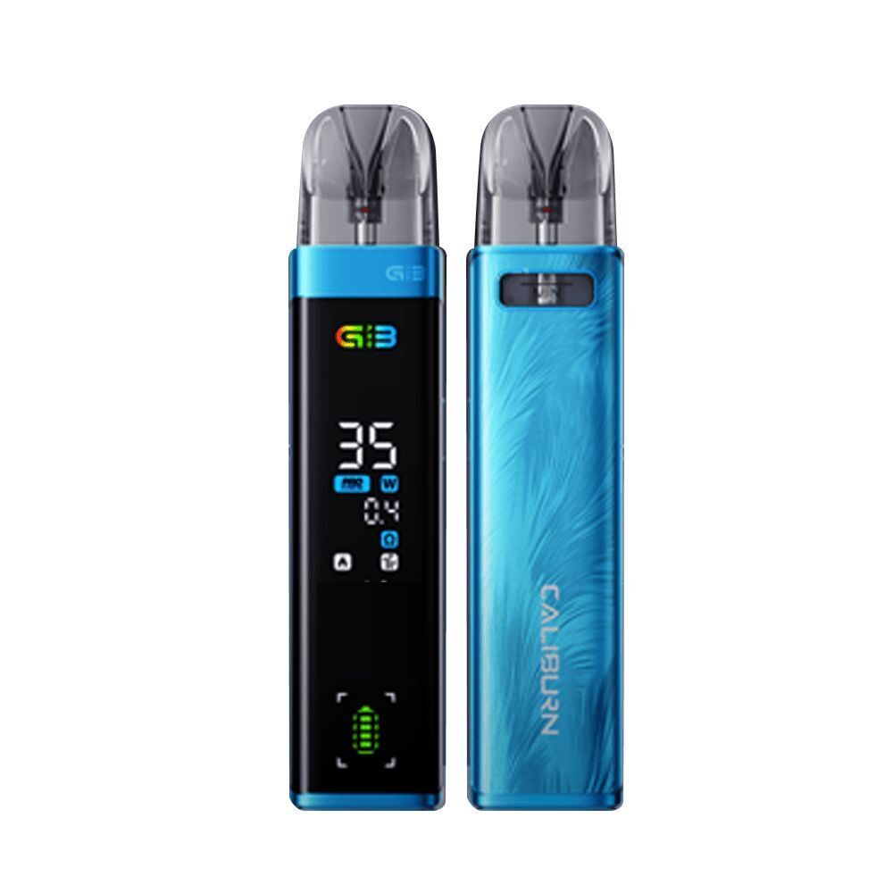 Uwell Caliburn G3 Pro Pod Kit - Pacific Blue Uwell Caliburn G3 Pro Pod Kit in Pacific Blue, zwei Ansichten, eine zeigt ein Display mit Zahlen, die andere das Gehäuse mit CALIBURN-Logo.