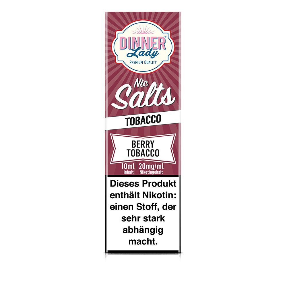 Dinner Lady Nic Salts Berry Tobacco 20mg Verpackung, rot mit weißem Text, enthält Warnhinweis zu Nikotingehalt und Abhängigkeit.