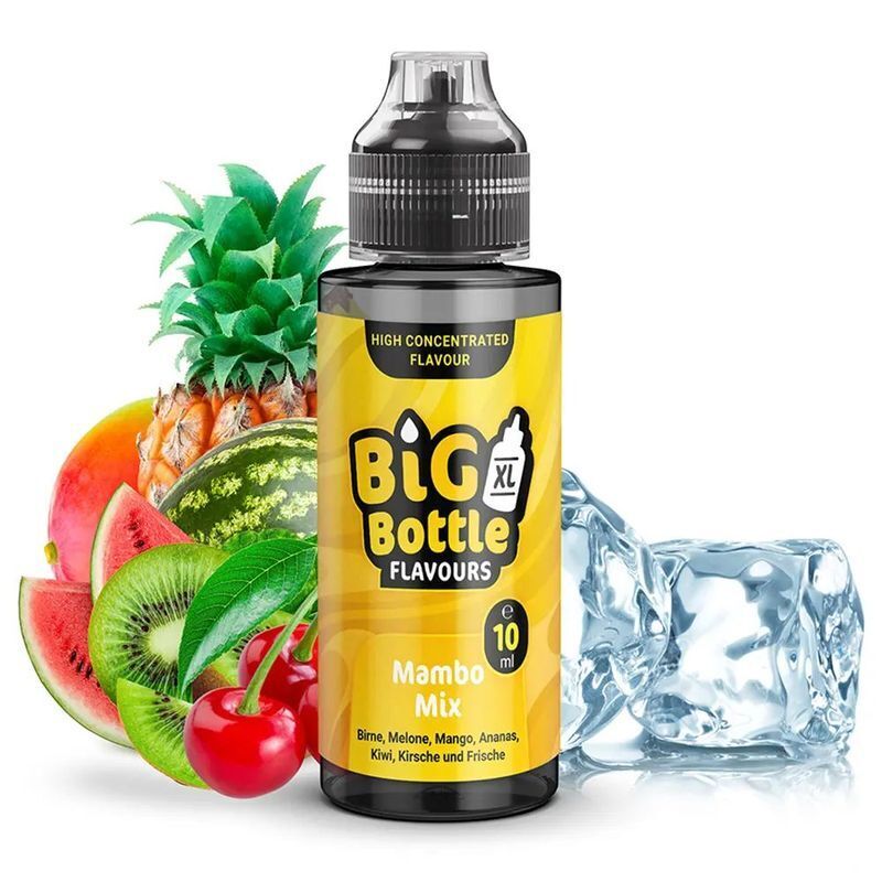 Aroma Mambo Mix von Big Bottle Flavours Big Bottle Flavours Aroma, Mambo Mix 10 ml, mit Ananas, Kirsche, Kiwi, Melone und Eiswürfeln im Hintergrund.
