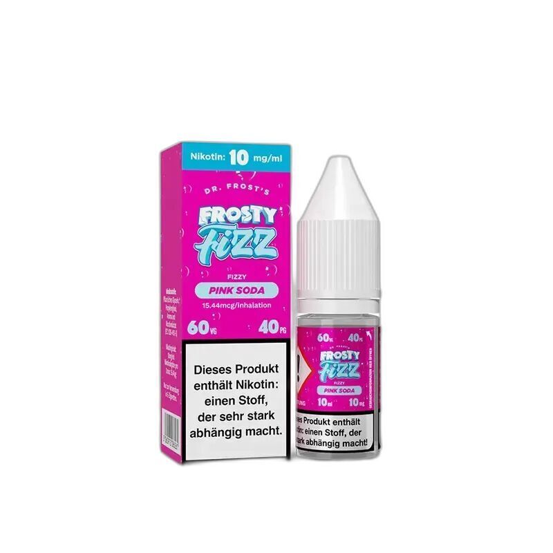 Dr. Frost Nikotinsalz - Frosty Fizz Pink Soda 10mg Dr. Frost Nikotinsalzflasche und Verpackung mit Branding "Frosty Fizz Pink Soda", Hinweis auf 10mg Nikotin und Abhängigkeitswarnung.