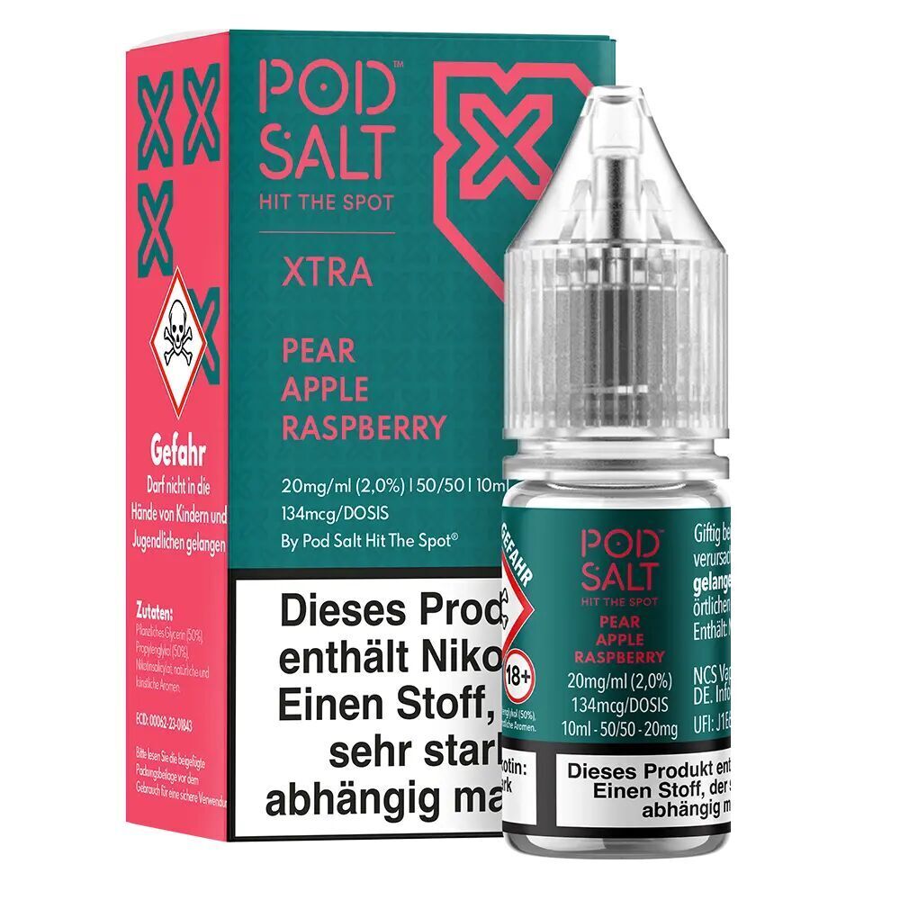 Liquid Pear Apple Raspberry mit 20mg Nikotin von Pod Salt Xtra Pod Salt Xtra Nikotinsalz Pear Apple Raspberry 20mg Flasche vor einer Verpackung mit Warnhinweisen und Inhaltsangaben.