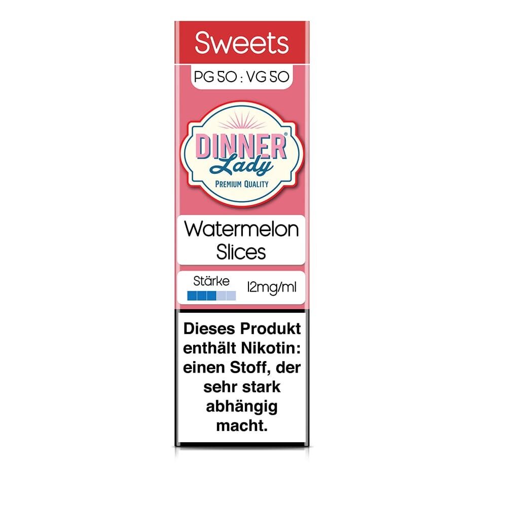 Dinner Lady Liquid - Watermelon Slices 12mg, pinkes Etikett mit Nikotin-Warnung, Stärke 12mg/ml, Sweets PG 50 VG 50 Ratio.