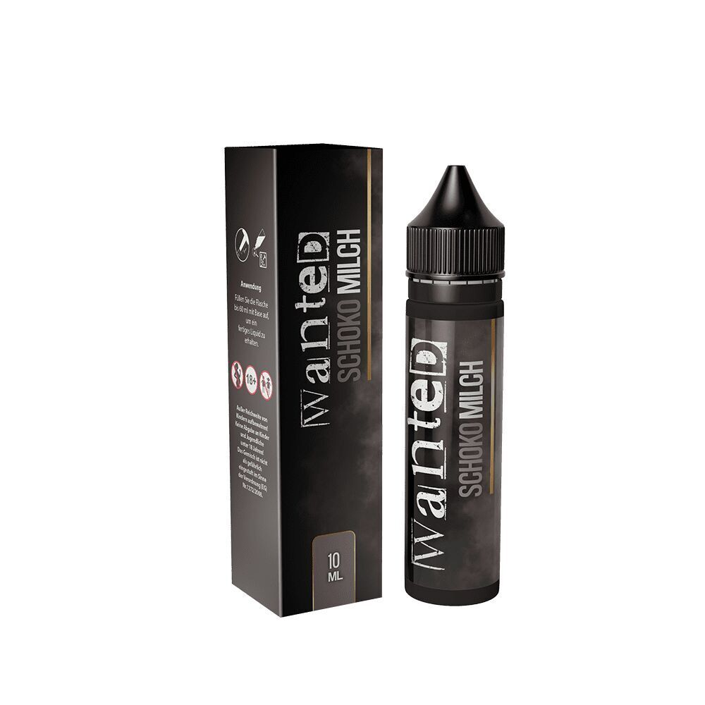 Aroma Schokomilch von Wanted Flasche und Verpackung von Wanted Aroma Schokomilch, 10 ml, mit schwarzer Aufmachung und markantem weißem Branding.