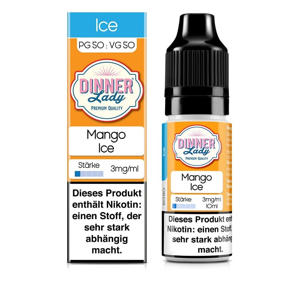 Liquid Mango Ice von Dinner Lady Dinner Lady Mango Ice Liquid-Flasche und Verpackung, 10ml, 3mg/ml Nikotin, orange und blau mit Warnhinweis auf Abhängigkeitseffekt