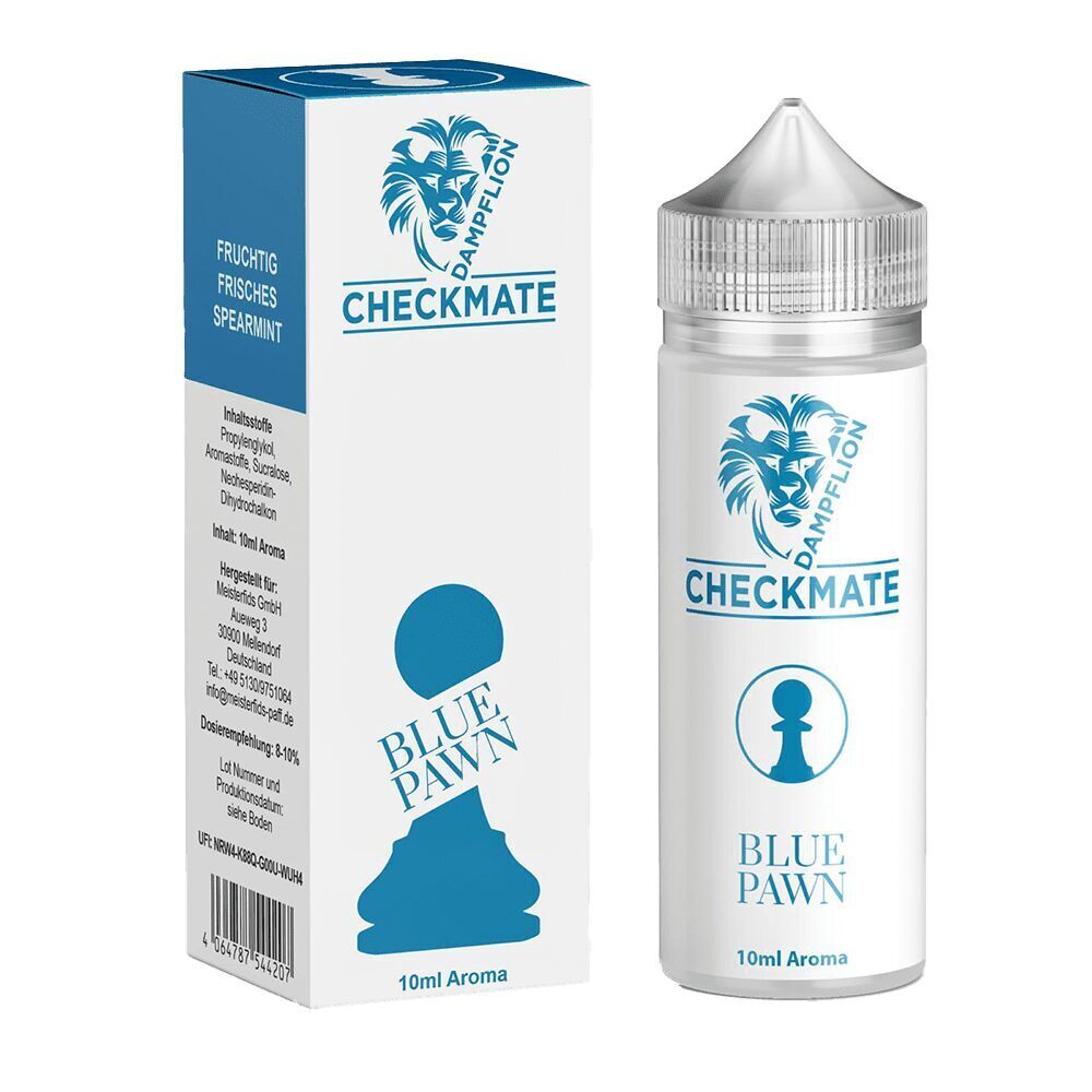 Aroma Blue Pawn von Dampflion Dampflion Aroma Blue Pawn Flasche und Verpackung mit Löwenlogo, Beschriftung "Blue Pawn" und Design eines Schachbauern, 10 ml.