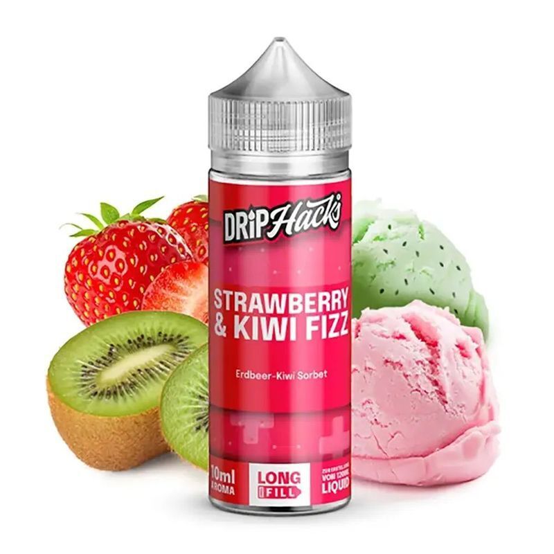 Aroma Strawberry Kiwi Fizz von Drip Hacks Drip Hacks Aroma Flasche Strawberry & Kiwi Fizz vor frischen Erdbeeren, Kiwi und Eiscremekugeln in rosa und grün.