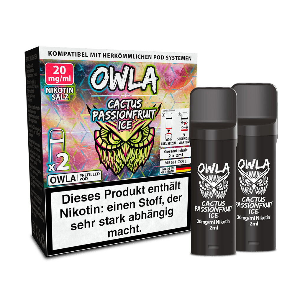 Owla Pods - Cactus Passionfruit Ice 20mg Owla Pods Cactus Passionfruit Ice 20mg mit farbenfroher Verpackung und zwei schwarzen Pods, Warnhinweis zu Nikotin.
