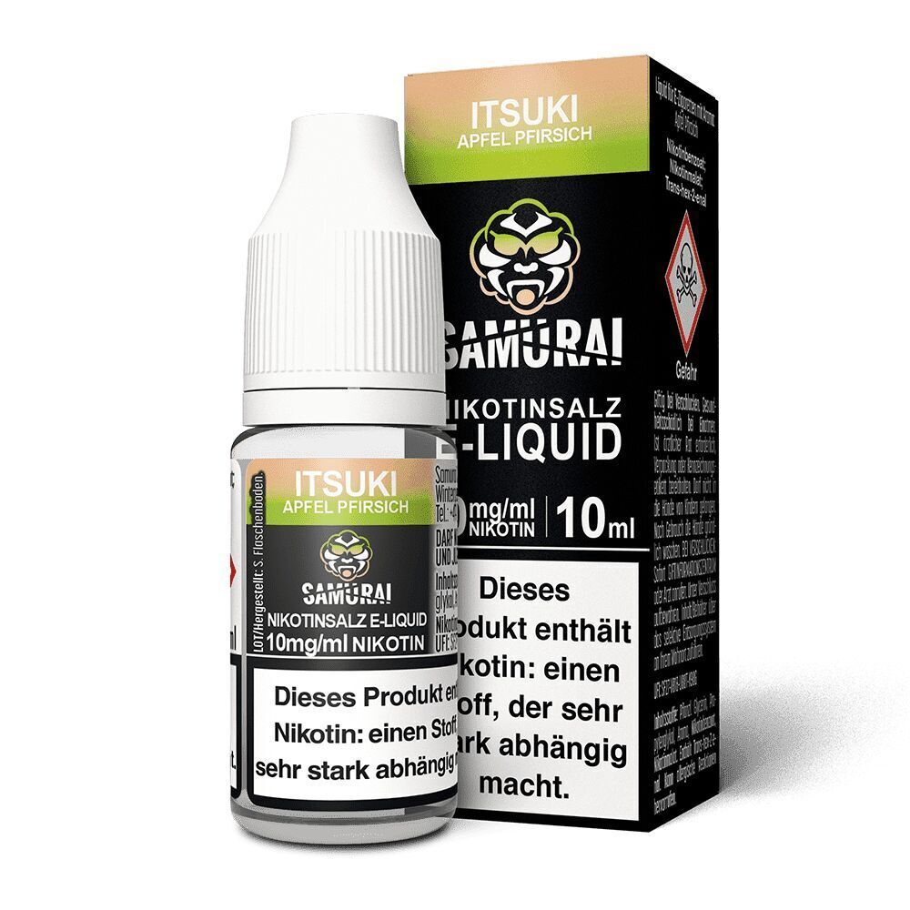 Liquid Itsuki Apfel Pfirsich 10mg - Samurai Flasche Samurai Nikotinsalz Itsuki Apfel Pfirsich 10 mg/ml vor passender Verpackung mit Warnhinweisen sichtbar.