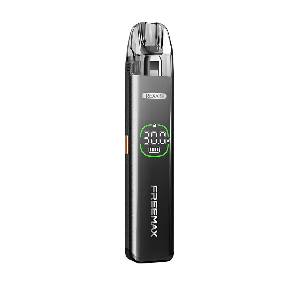 Freemax Rexa S Pod Kit Freemax Rexa S Pod Kit in Schwarz mit durchsichtigem Mundstück, Display zeigt 30W Leistung und Akkustand an, Freemax-Logo darunter.