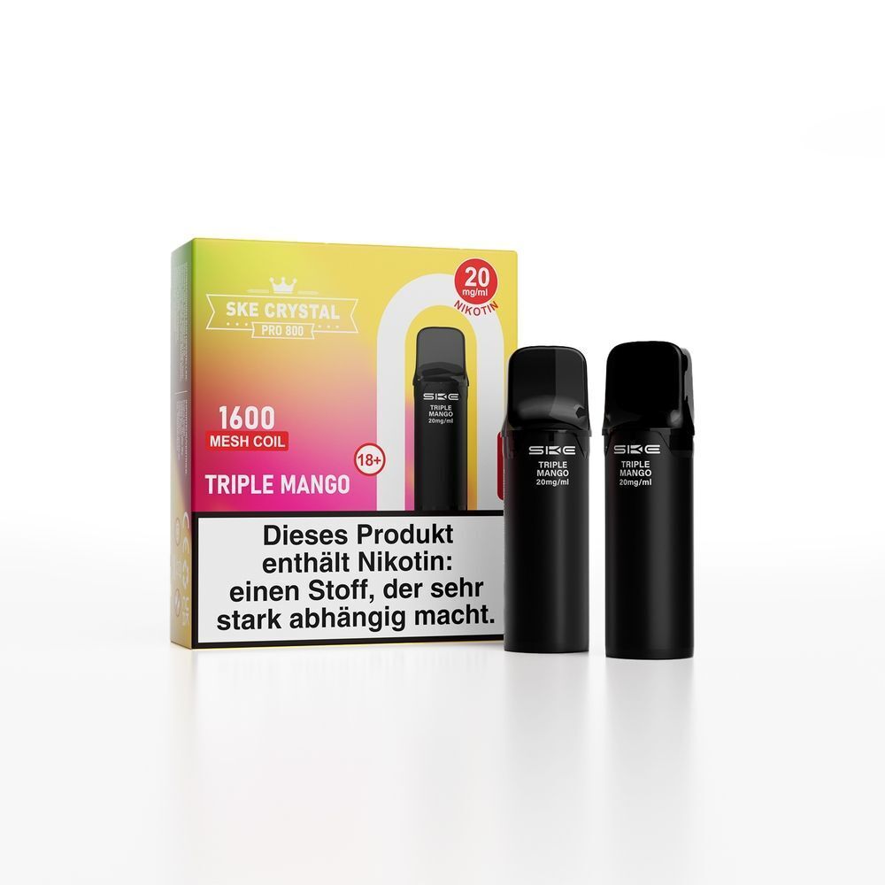 SKE Crystal 800 Pro Pods - Triple Mango Zwei schwarze SKE Crystal Pro Pods mit Triple Mango 20mg Aufdruck vor einer farbigen Verpackung und einem Nikotinhinweis.