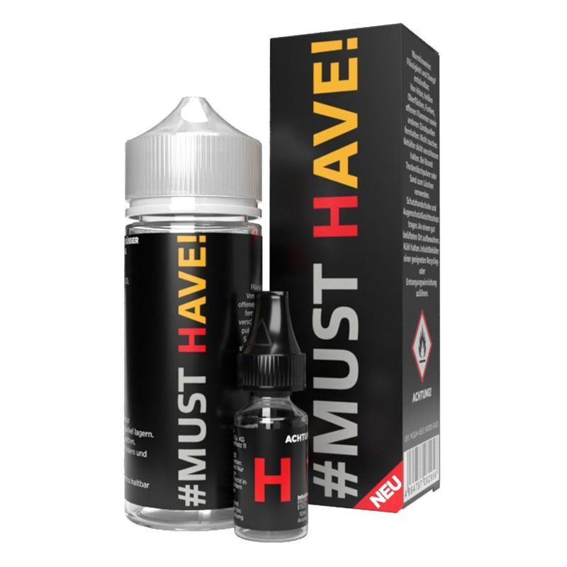 Aroma H von Must Have von Aroma Zwei schwarze Flaschen mit der Aufschrift „MUST HAVE“, große Flasche mit transparentem Deckel, kleinere mit schwarzem Deckel, daneben Verpackung.