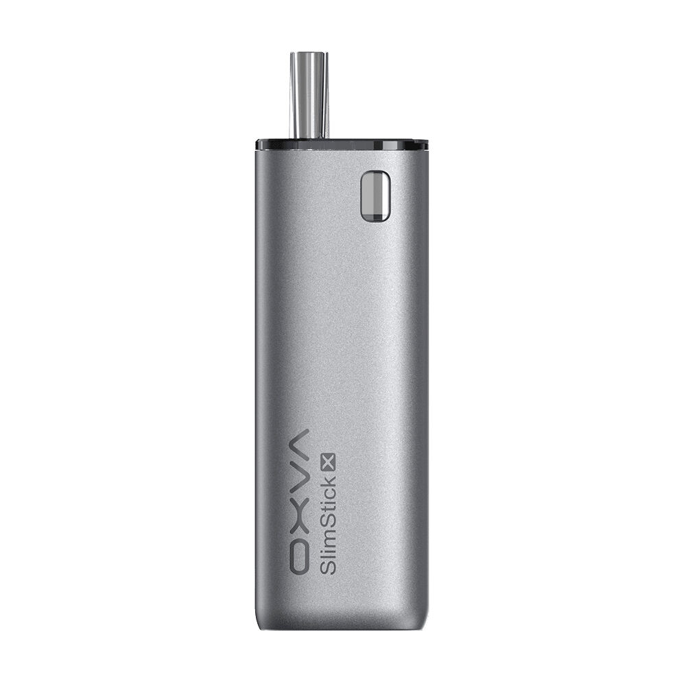 OXVA SlimStick X Pod Kit - Gray OXVA SlimStick X Pod Kit in Grau, zylindrisches Gerät mit Mundstück, schwarzem oberen Rand und seitlichem Knopf, Markenlogo sichtbar.