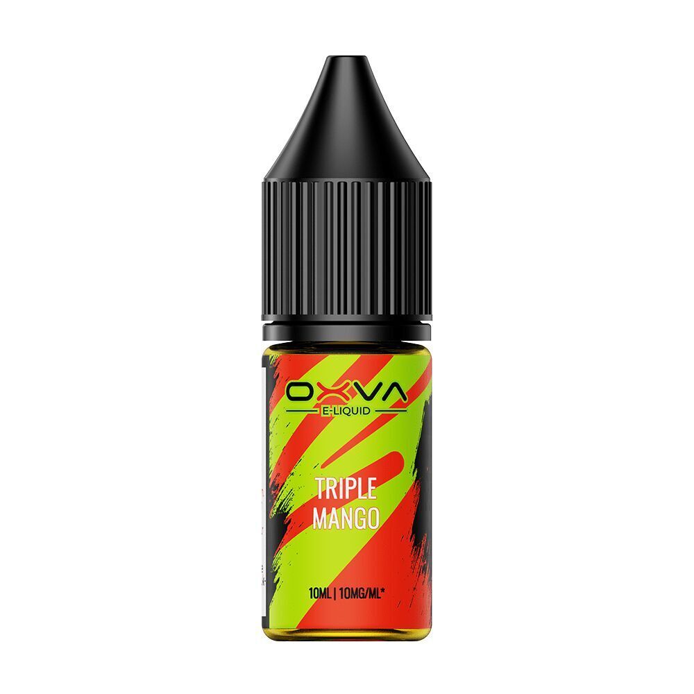 Oxva E-Liquid Triple Mango Flasche mit schwarz-geriffeltem Verschluss und rot-gelbem Etikett, 10ml, 10mg/ml Nikotinsalz