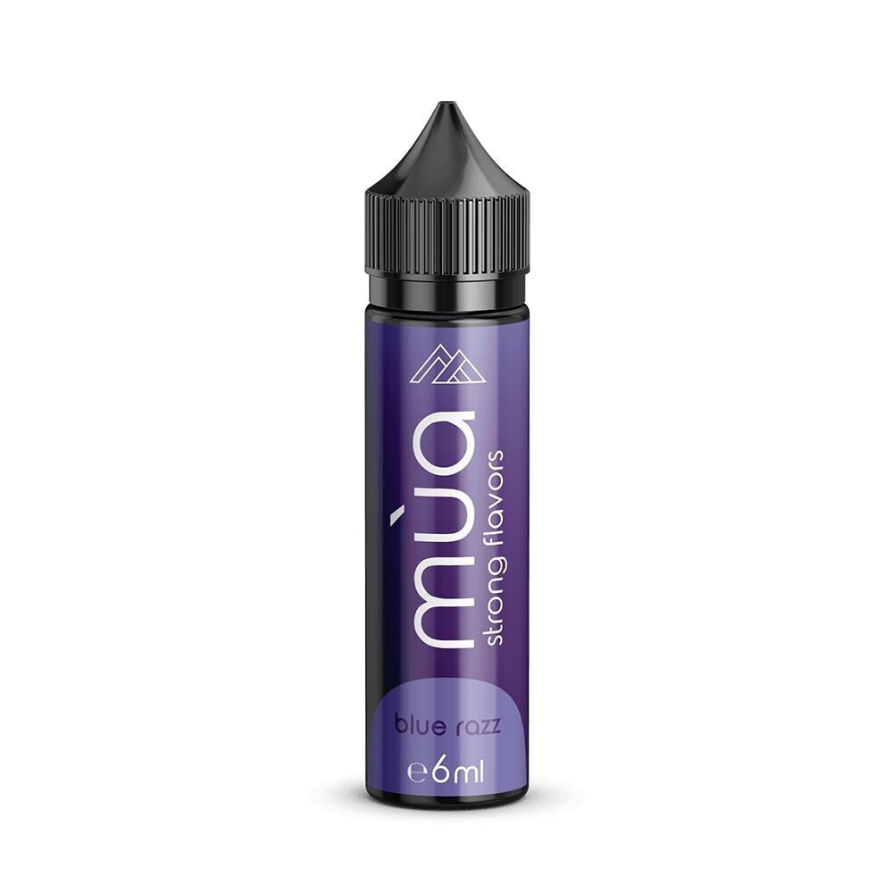 Mua Aroma - Blue Razz Mua Aroma Blue Razz Flasche mit lila Etikett, schwarzem Deckel, Aufschrift "strong flavors", 6ml Volumen angegeben.